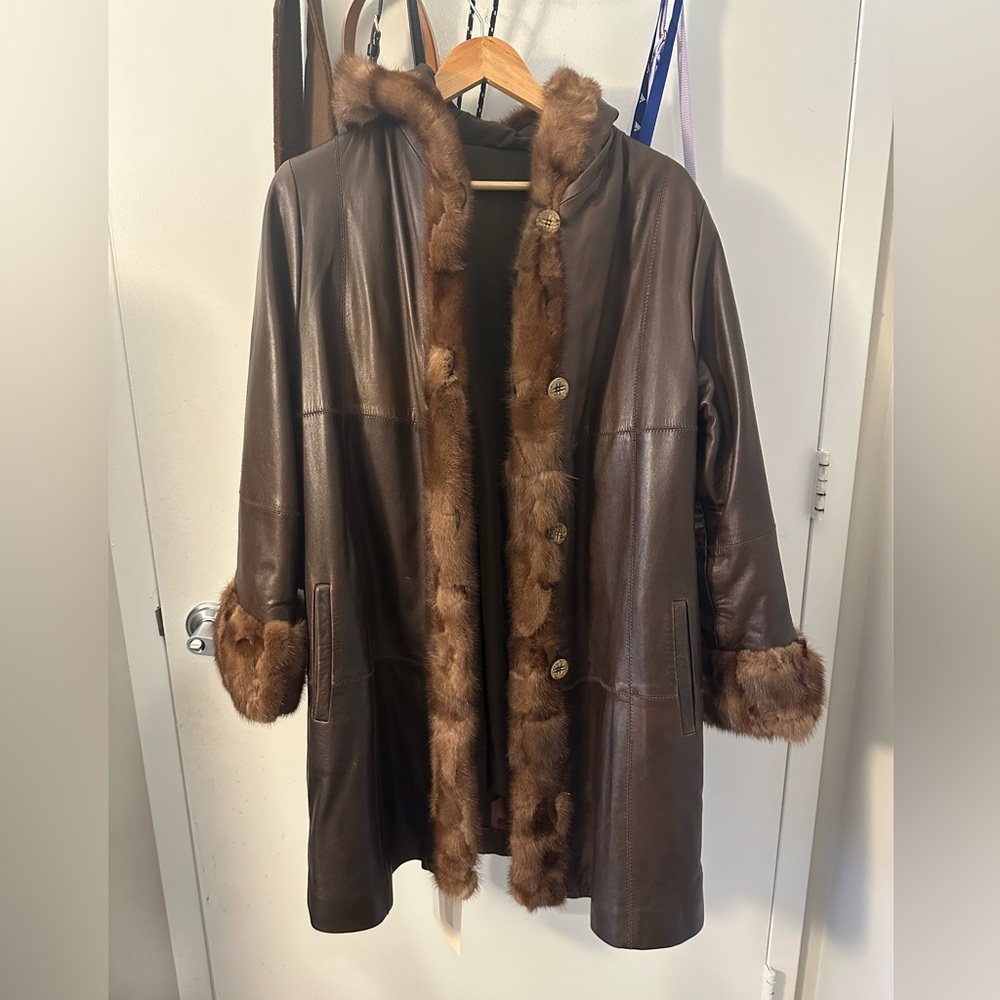 Brown Mink Fur Trim Leather Coat